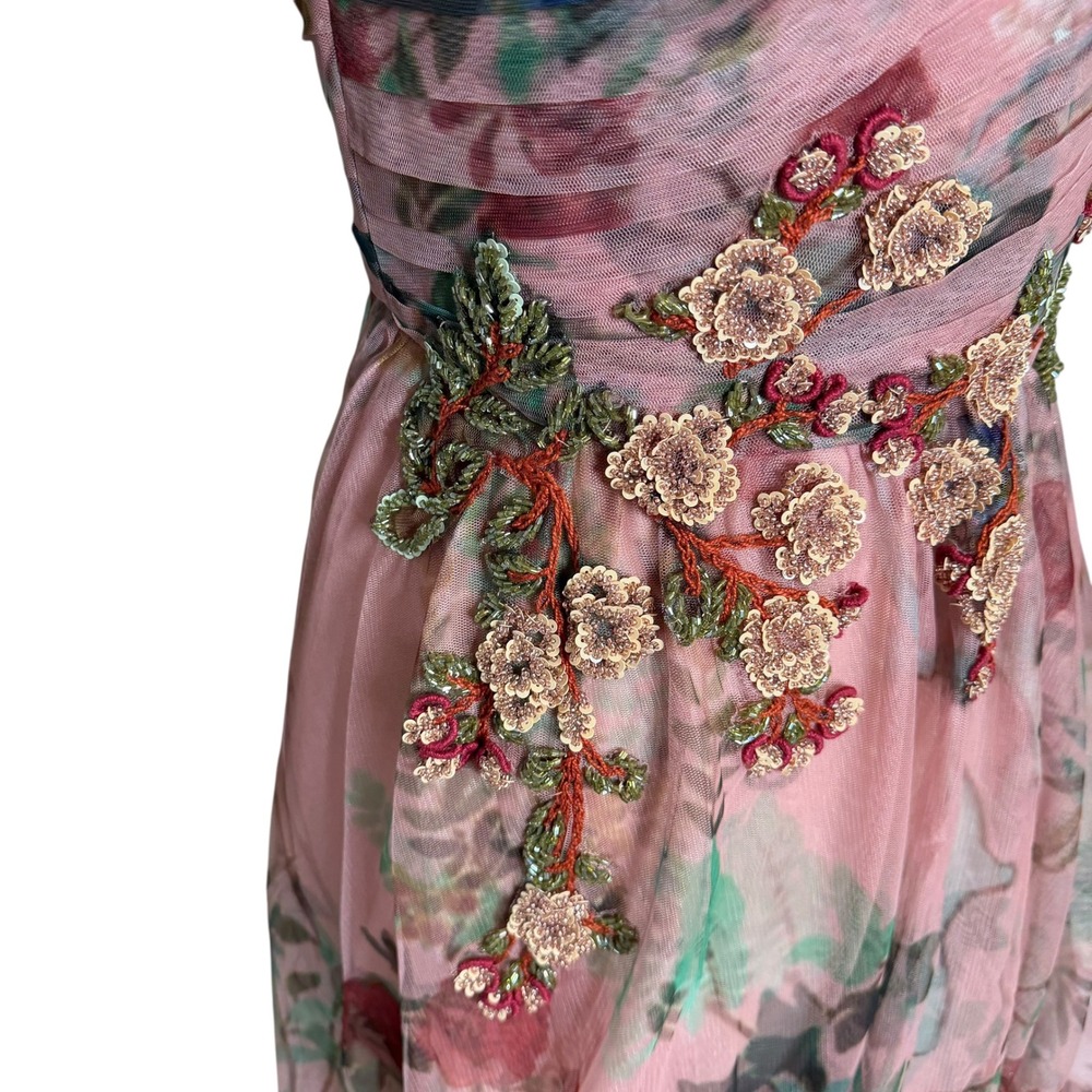 PATBO Pink Floral Print Tulle Evening Gown Beaded Garden Fairy Women's Size 8 - Picture 7 of 13